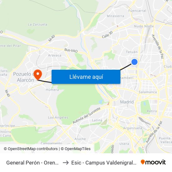 General Perón - Orense to Esic - Campus Valdenigrales map
