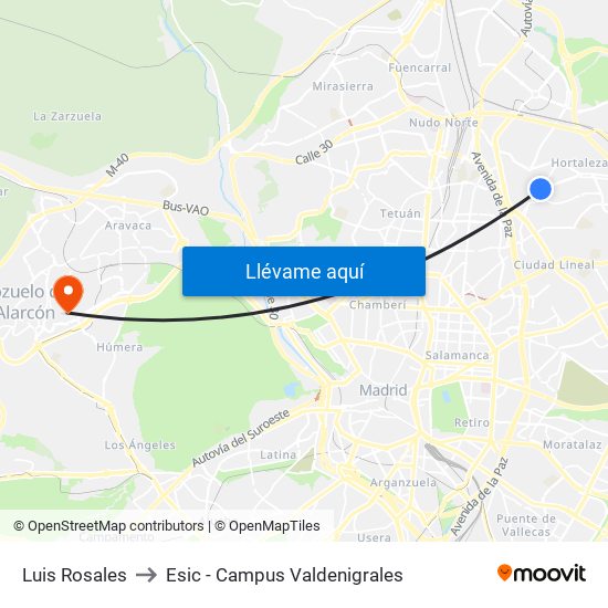 Luis Rosales to Esic - Campus Valdenigrales map