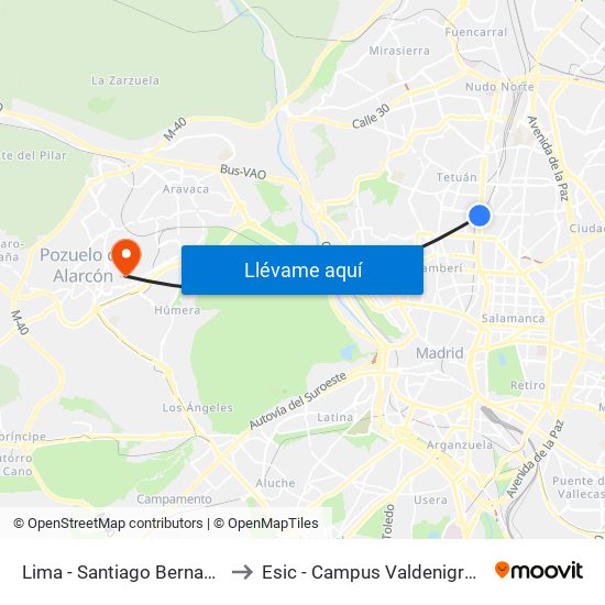 Lima - Santiago Bernabéu to Esic - Campus Valdenigrales map