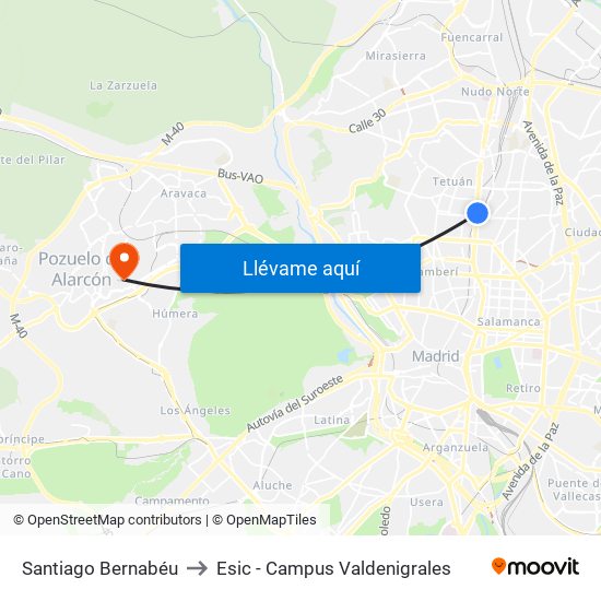 Santiago Bernabéu to Esic - Campus Valdenigrales map