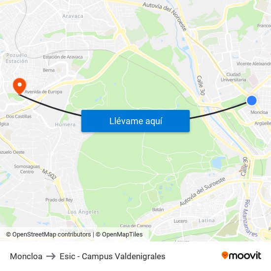 Moncloa to Esic - Campus Valdenigrales map