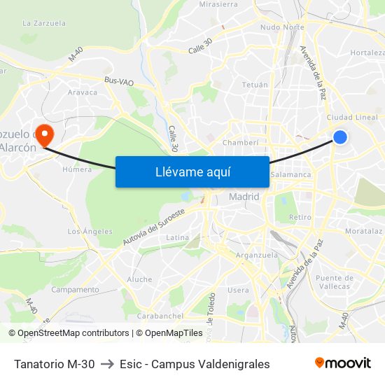 Tanatorio M-30 to Esic - Campus Valdenigrales map