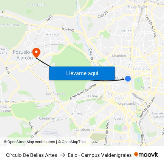 Círculo De Bellas Artes to Esic - Campus Valdenigrales map