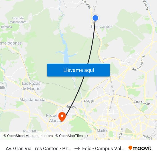 Av. Gran Vía Tres Cantos - Pza. Hoya Tocón to Esic - Campus Valdenigrales map