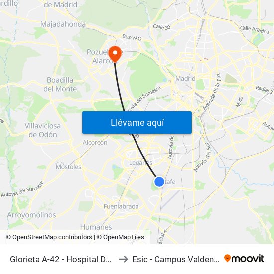 Glorieta A-42 - Hospital De Getafe to Esic - Campus Valdenigrales map