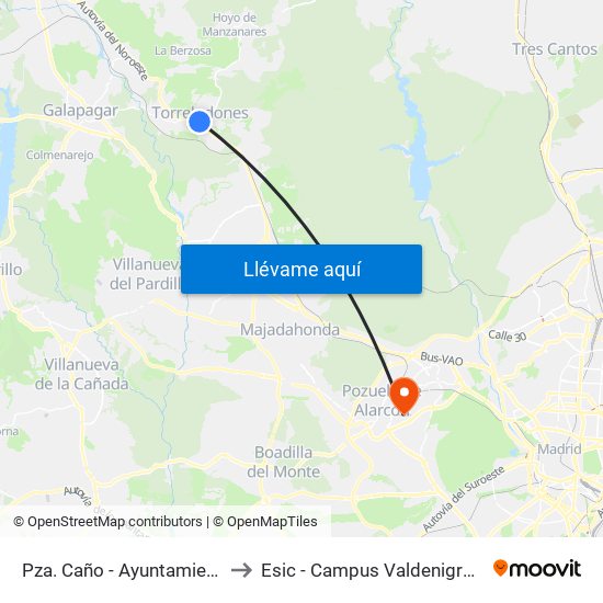 Pza. Caño - Ayuntamiento to Esic - Campus Valdenigrales map