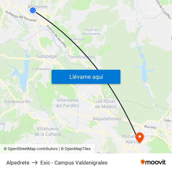 Alpedrete to Esic - Campus Valdenigrales map