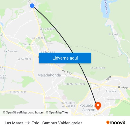 Las Matas to Esic - Campus Valdenigrales map