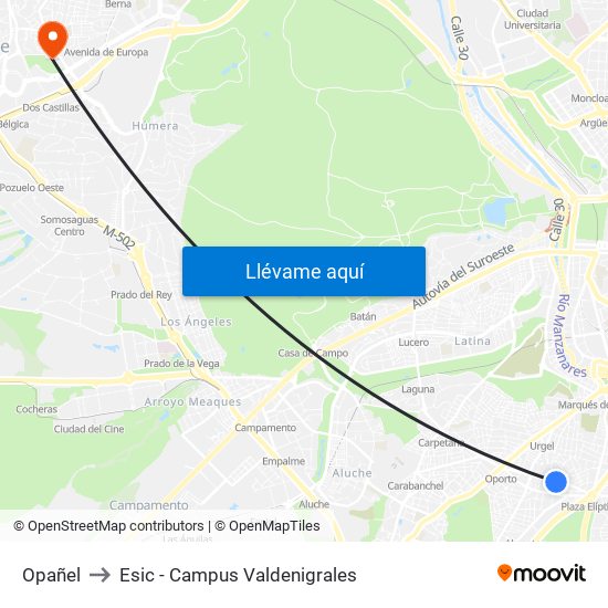 Opañel to Esic - Campus Valdenigrales map