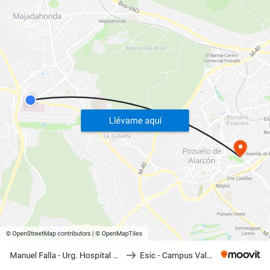Manuel Falla - Urg. Hospital Pta. De Hierro to Esic - Campus Valdenigrales map