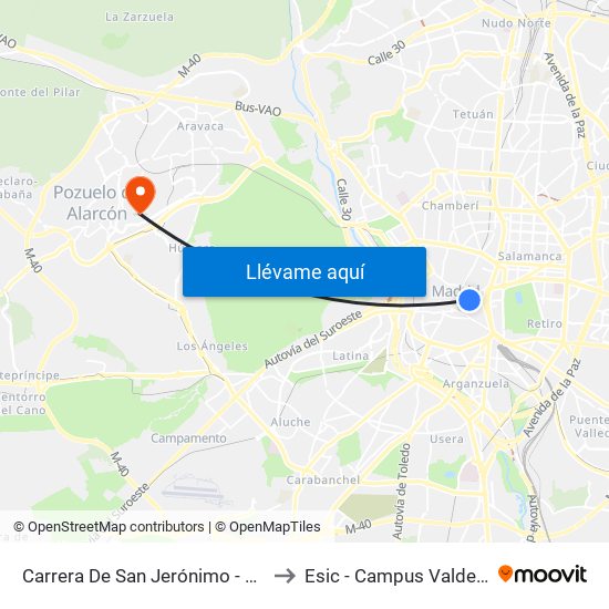 Carrera De San Jerónimo - Cedaceros to Esic - Campus Valdenigrales map