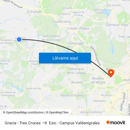 Gracia - Tres Cruces to Esic - Campus Valdenigrales map