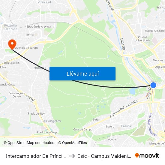 Intercambiador De Príncipe Pío to Esic - Campus Valdenigrales map