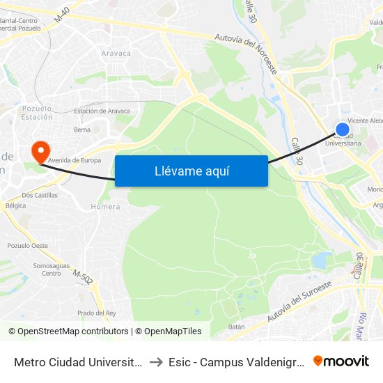 Metro Ciudad Universitaria to Esic - Campus Valdenigrales map