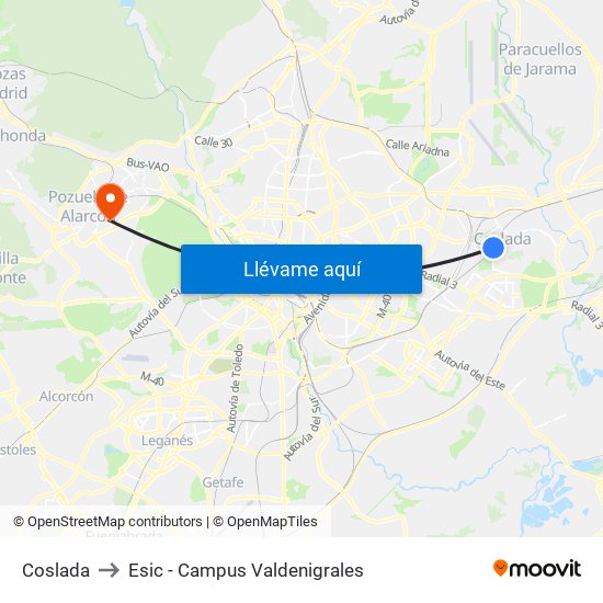 Coslada to Esic - Campus Valdenigrales map