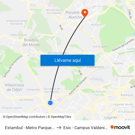Estambul - Metro Parque Oeste to Esic - Campus Valdenigrales map