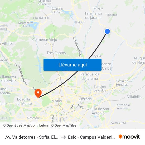 Av. Valdetorres - Sofía, El Casar to Esic - Campus Valdenigrales map