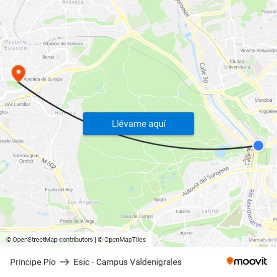 Príncipe Pío to Esic - Campus Valdenigrales map