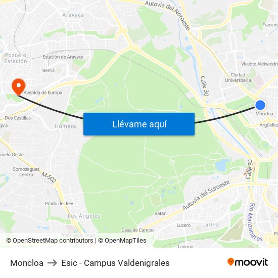 Moncloa to Esic - Campus Valdenigrales map