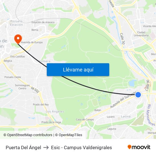 Puerta Del Ángel to Esic - Campus Valdenigrales map