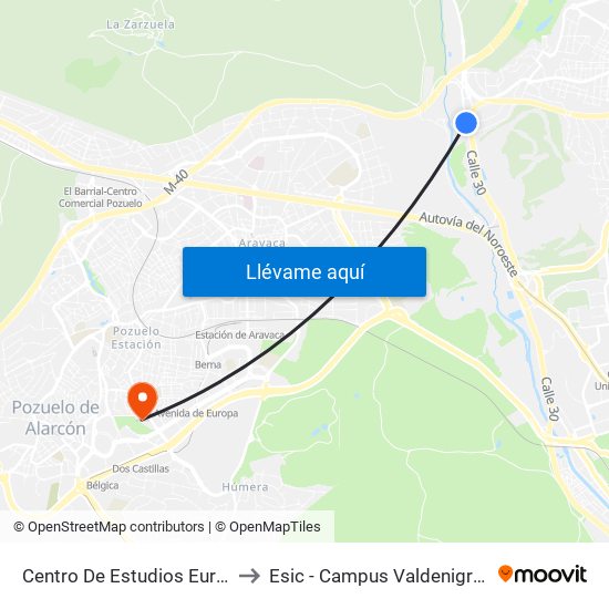 Centro De Estudios Europe to Esic - Campus Valdenigrales map