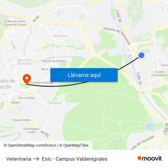 Veterinaria to Esic - Campus Valdenigrales map