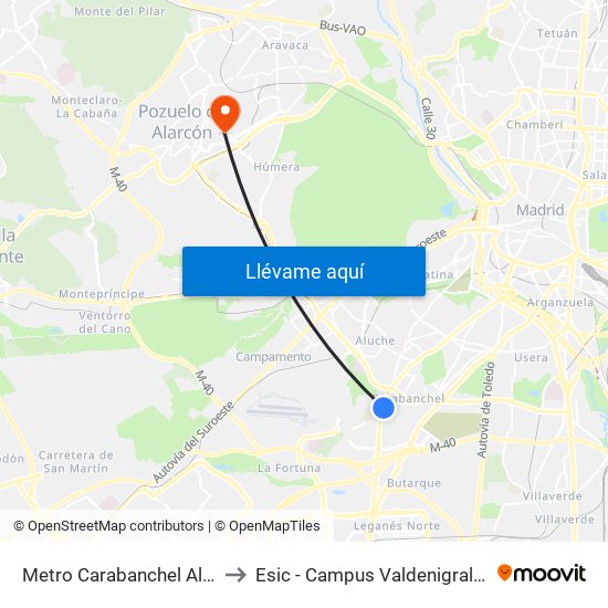 Metro Carabanchel Alto to Esic - Campus Valdenigrales map
