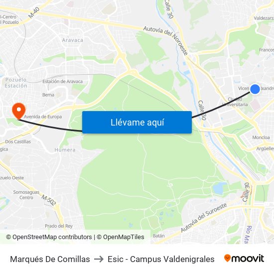 Marqués De Comillas to Esic - Campus Valdenigrales map