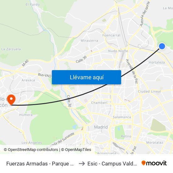 Fuerzas Armadas - Parque Valdebebas to Esic - Campus Valdenigrales map