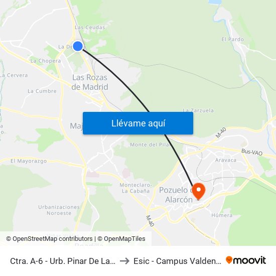 Ctra. A-6 - Urb. Pinar De Las Rozas to Esic - Campus Valdenigrales map