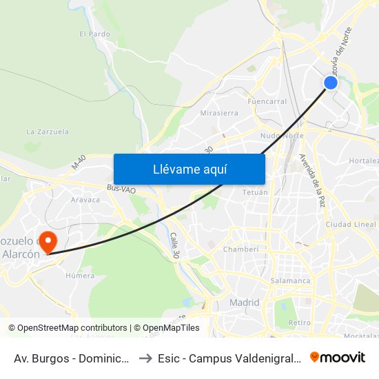 Av. Burgos - Dominicos to Esic - Campus Valdenigrales map