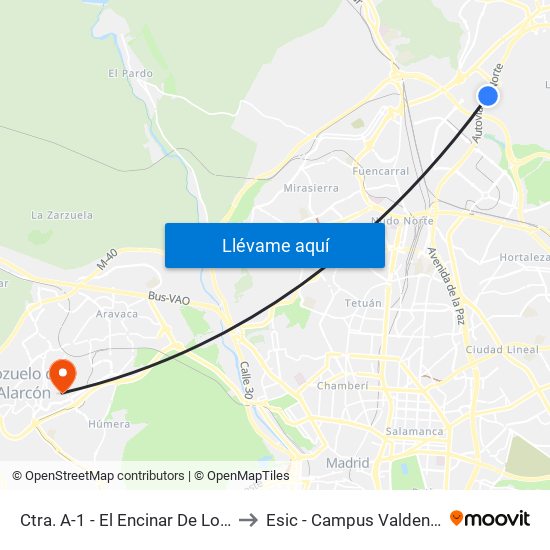 Ctra. A-1 - El Encinar De Los Reyes to Esic - Campus Valdenigrales map