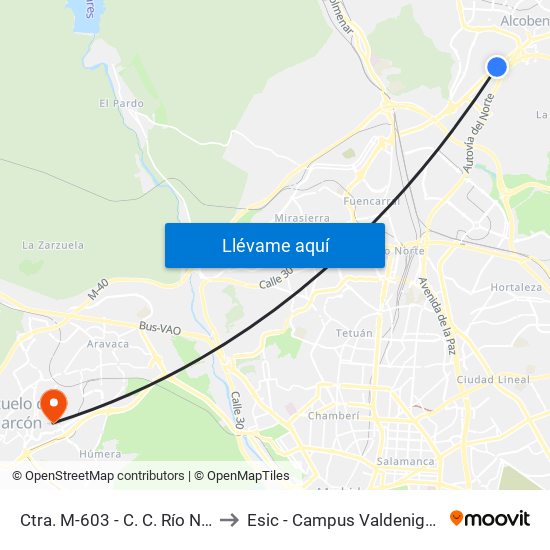 Ctra. M-603 - C. C. Río Norte to Esic - Campus Valdenigrales map