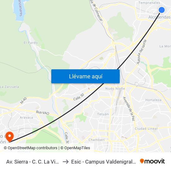 Av. Sierra - C. C. La Viña to Esic - Campus Valdenigrales map