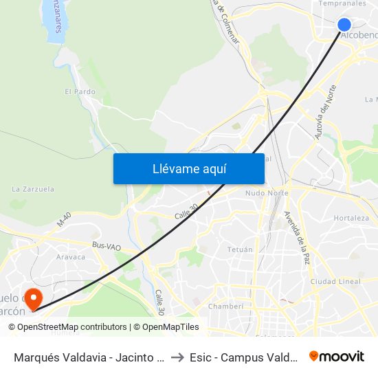 Marqués Valdavia - Jacinto Benavente to Esic - Campus Valdenigrales map