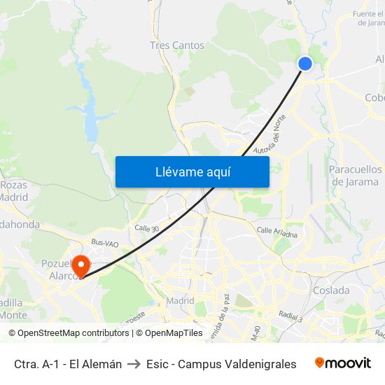 Ctra. A-1 - El Alemán to Esic - Campus Valdenigrales map