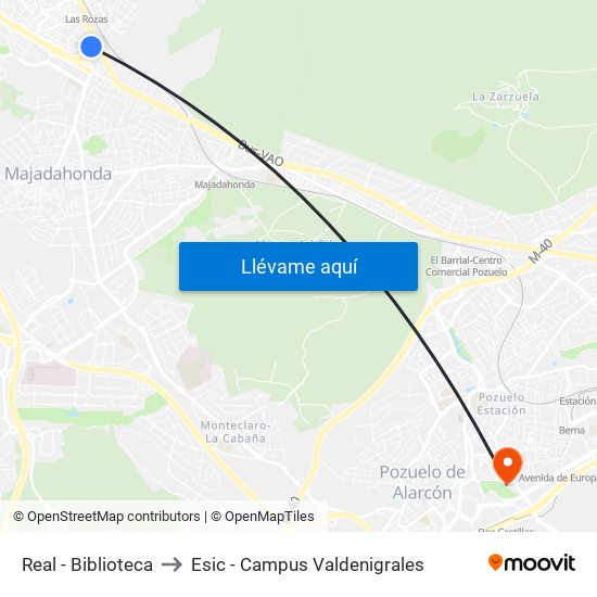 Real - Biblioteca to Esic - Campus Valdenigrales map