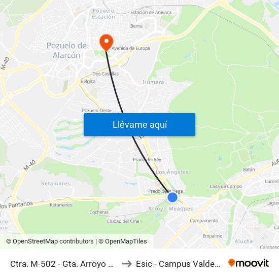 Ctra. M-502 - Gta. Arroyo Meaques to Esic - Campus Valdenigrales map