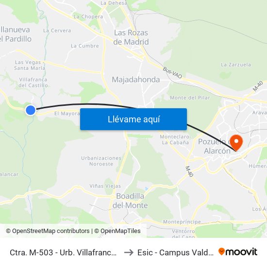 Ctra. M-503 - Urb. Villafranca Del Castillo to Esic - Campus Valdenigrales map