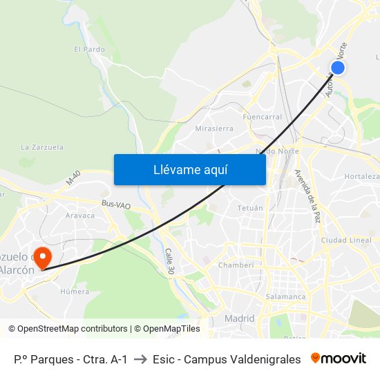 P.º Parques - Ctra. A-1 to Esic - Campus Valdenigrales map