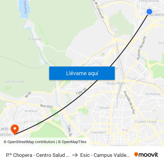P.º Chopera - Centro Salud Valdavia to Esic - Campus Valdenigrales map