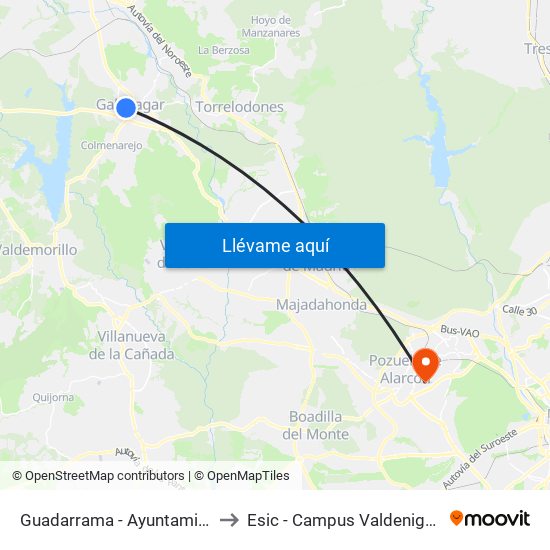 Guadarrama - Ayuntamiento to Esic - Campus Valdenigrales map