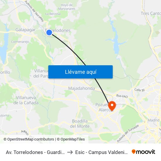 Av. Torrelodones - Guardia Civil to Esic - Campus Valdenigrales map