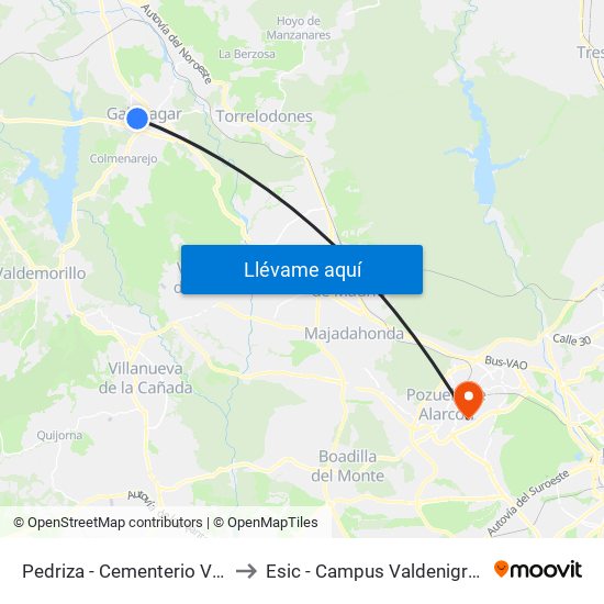 Pedriza - Cementerio Viejo to Esic - Campus Valdenigrales map