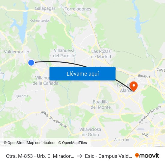 Ctra. M-853 - Urb. El Mirador Del Romero to Esic - Campus Valdenigrales map