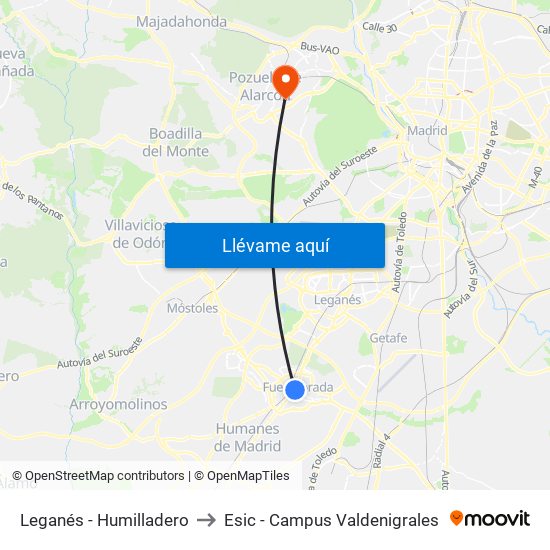 Leganés - Humilladero to Esic - Campus Valdenigrales map