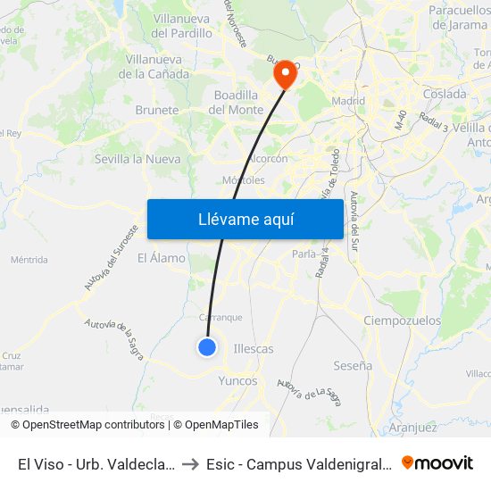 El Viso - Urb. Valdeclara to Esic - Campus Valdenigrales map