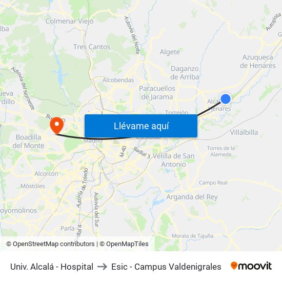 Univ. Alcalá - Hospital to Esic - Campus Valdenigrales map