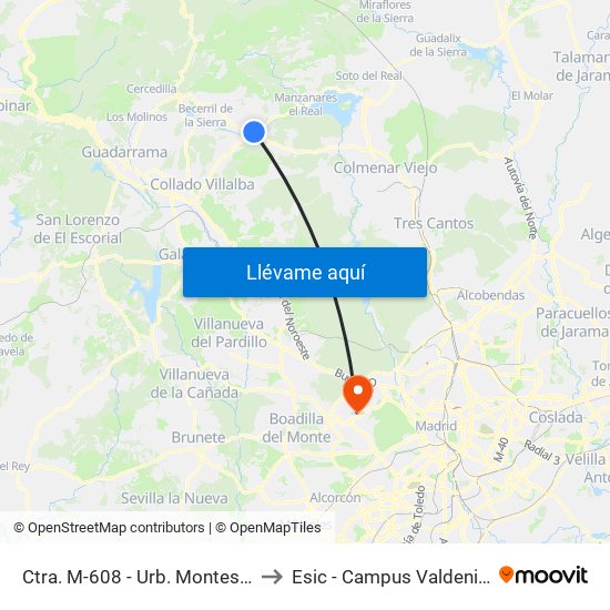 Ctra. M-608 - Urb. Montes Claros to Esic - Campus Valdenigrales map