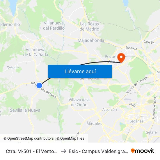 Ctra. M-501 - El Ventorro to Esic - Campus Valdenigrales map